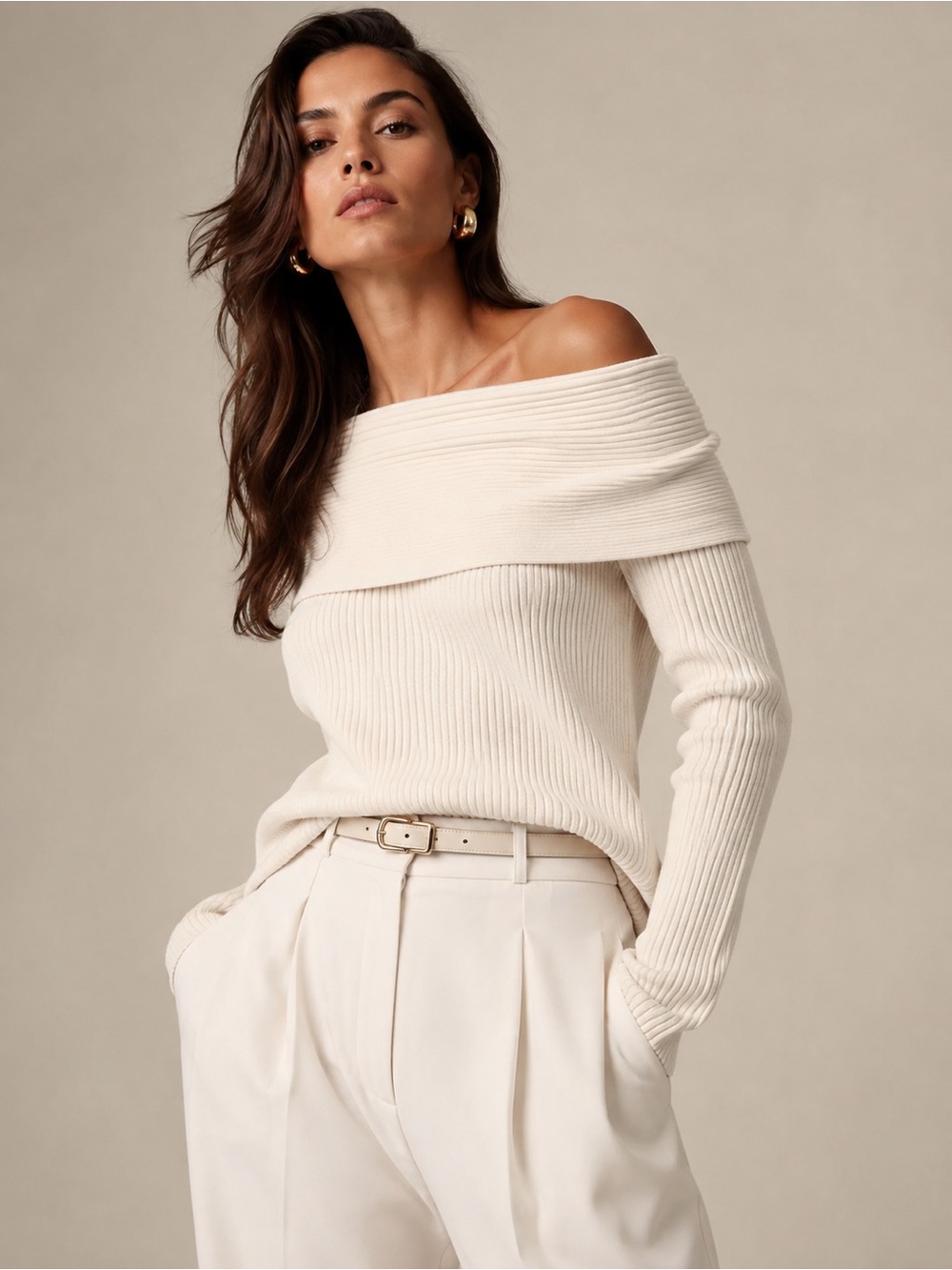 Banana Republic Off-the-Shoulder Ribbed Sweater in Cream Wool Blend L